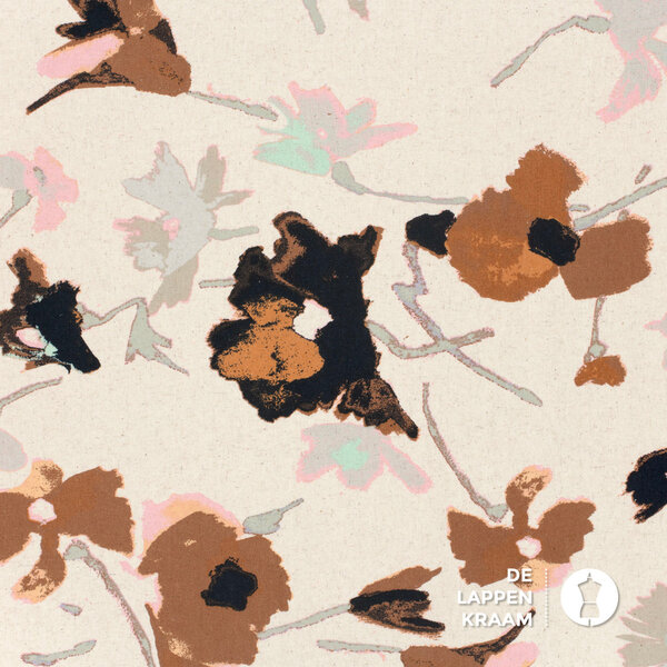 Linnenmix naturel met rustige bloemenprint in bruin grijs en roze