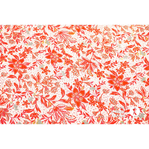 Viscose stof met lurex gebloemd roze en rood