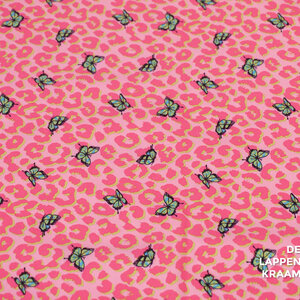  Coupon 64 Travelstof roze met panterprint en vlindertjes 170 x 150 cm