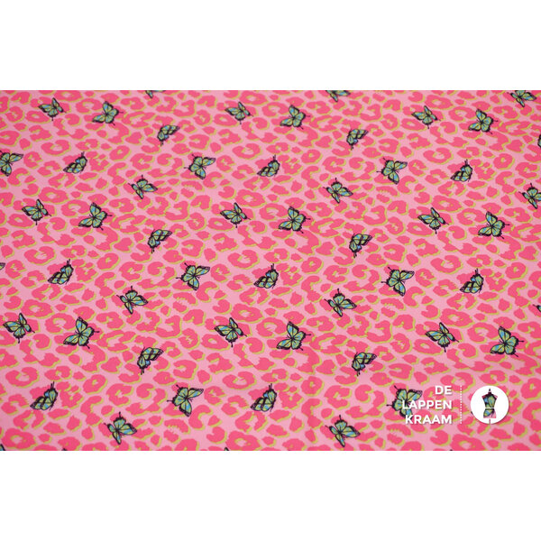 Coupon 64 Travelstof roze met panterprint en vlindertjes 170 x 150 cm