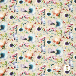 *** Satijn viscose met stretch gebloemd beige