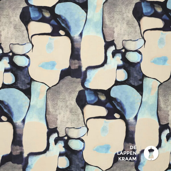 Tricot stof met abstracte print blauw