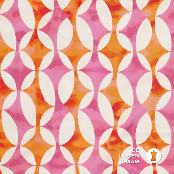 Stretch viscose met retroprint oranje