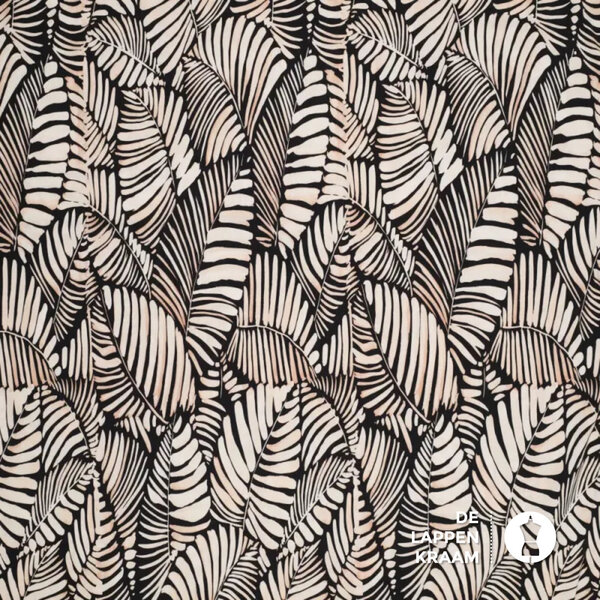 Viscose met stretch in zwart met beige bladprint