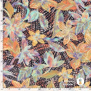 *** Viscose tricot diep donkerblauw met kleurrijke bladeren