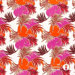  Coupon 195 Viscose tricot wit met oranje en roze bladeren 170 x 140 cm