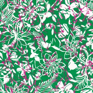  Coupon 461 Viscose tricot groen met witte bloem en roze verfstrepen 170 x 140 cm