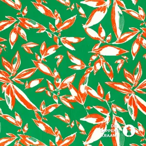 *** Stretch viscose in linnenlook groen met wit/oranje bladeren