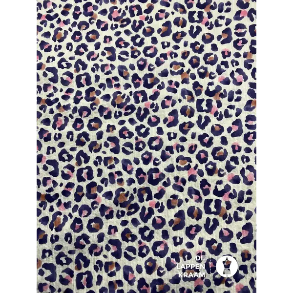 Seersucker met kleine panterprint ecru met paars