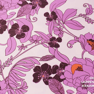  Satijn met bloemenprint in lila en buin