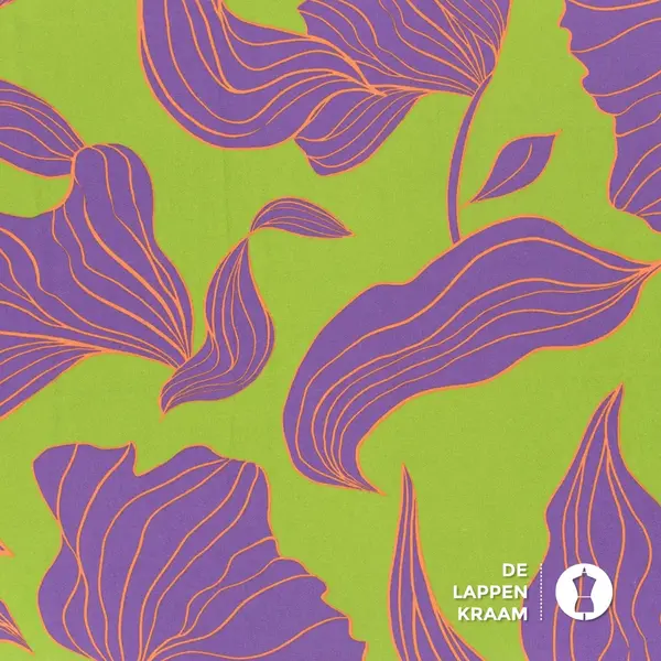 Viscose stof in lime met lila blad