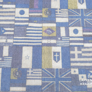  Stretchkatoen met vlaggenprint blauw
