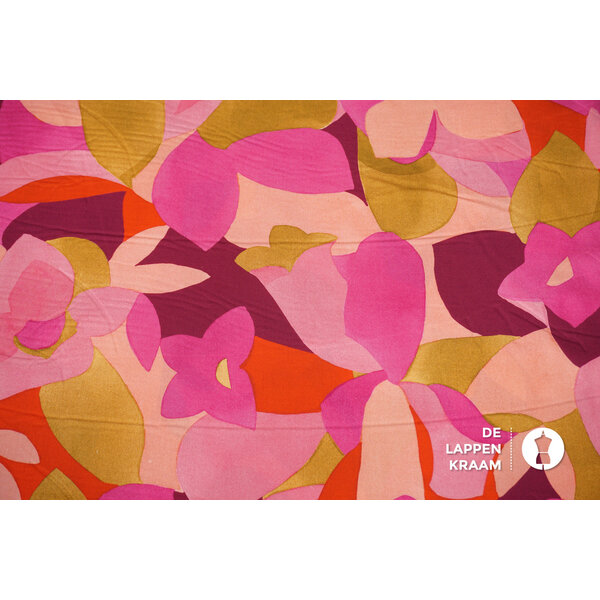 Katoen stof met abstracte bloemen in rozetinten