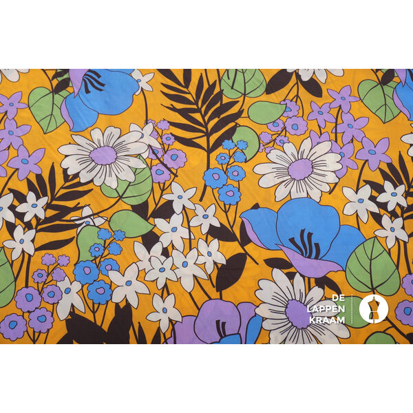 Popeline stof geel met bloemenprint