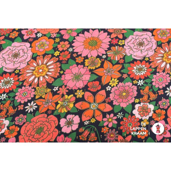 Viscose stof donkerblauw bloemenprint met goud lurexstreepje