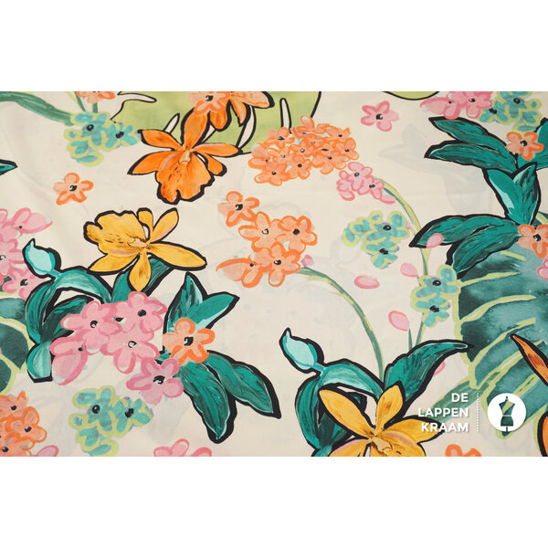 Popeline stof ecru met geschilderde bloemenprint