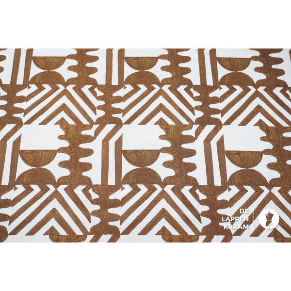 Stretchkatoen stof wit met abstracte bruine print