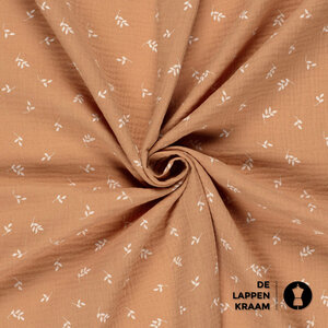 Mousseline met print van witte blaadjes in biscuit
