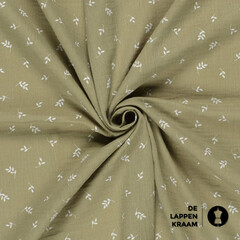  Mousseline met print van witte blaadjes in oudgroen