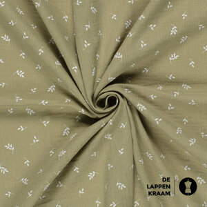 Mousseline met print van witte blaadjes in oudgroen