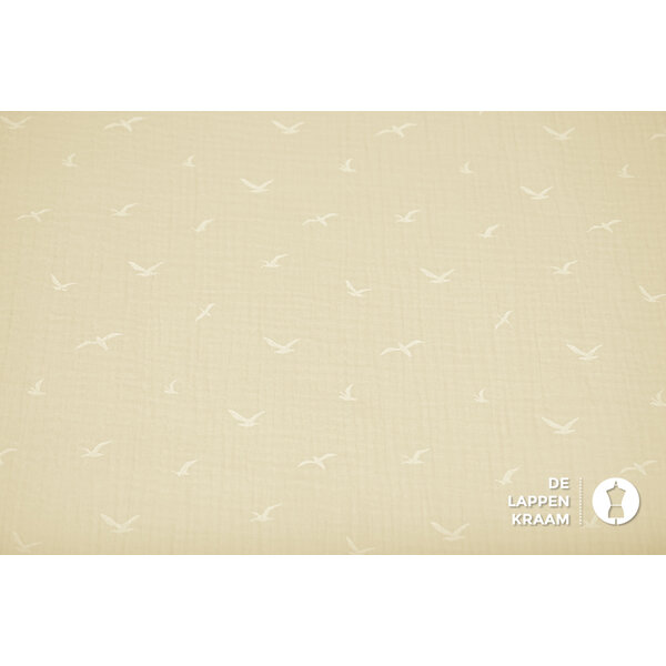 Mousseline stof met print van witte vogeltjes in ecru