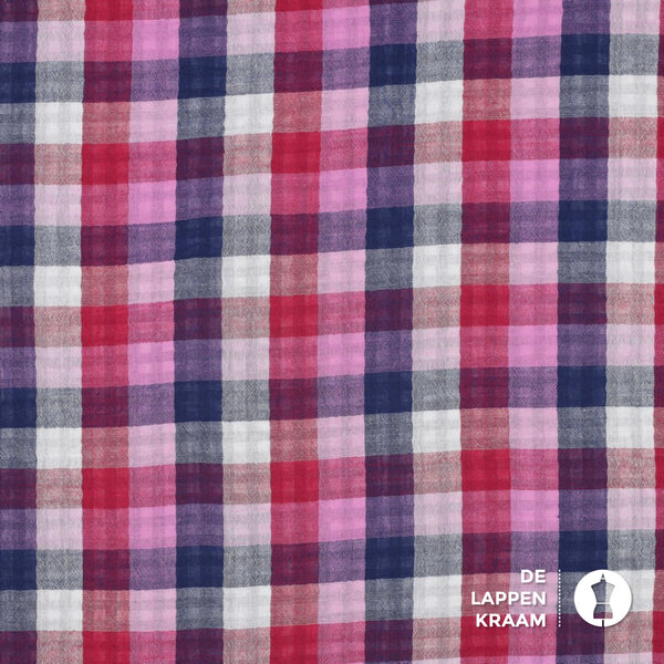 Double gauze 2-zijdige ruit blauw-fuchsia