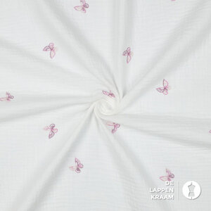  Double gauze wit met geborduurde vlinders roze