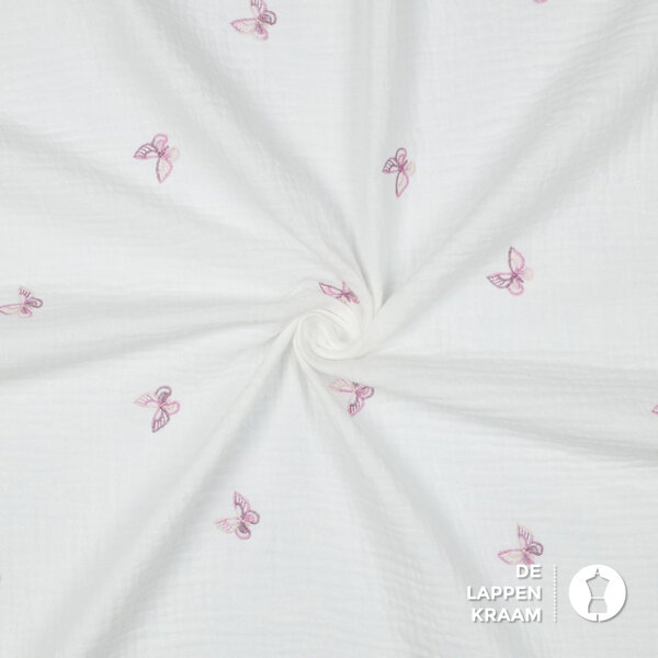 Double gauze stof wit met geborduurde vlinders roze