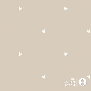 Popeline beige met witte hartjes
