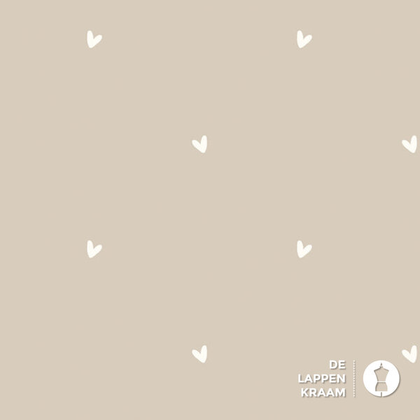 Popeline stof beige met witte hartjes