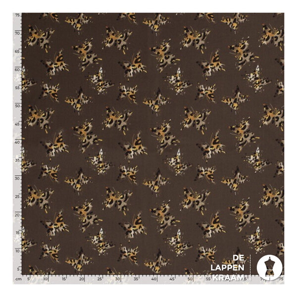 Softshell stof donkerbruin met vlinders in panterprint