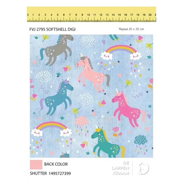 Softshell stof lichtblauw met eenhoorns en regenboogjes