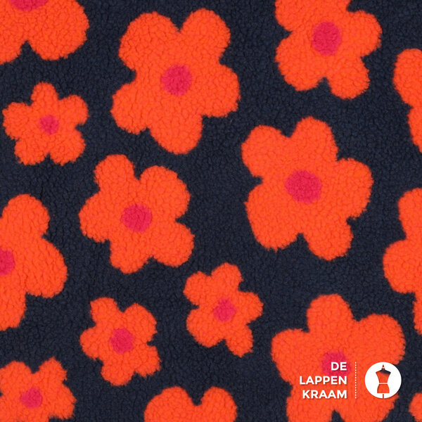 Teddy stof donkerblauw met oranje bloemen