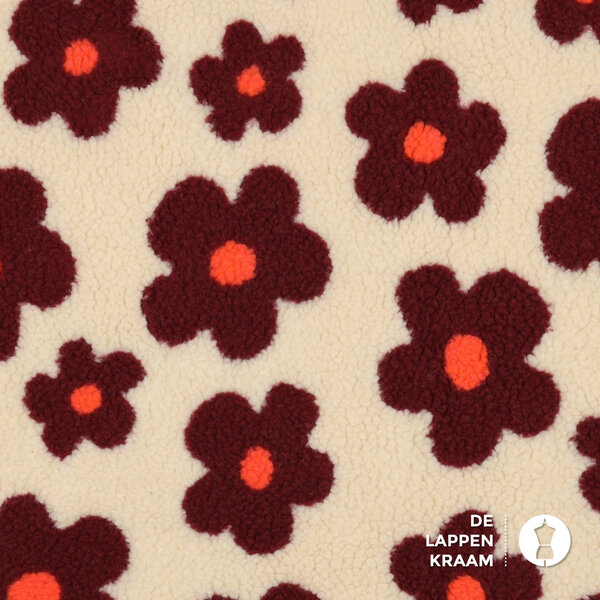 Teddy stof ecru met bordeauxrode bloemen