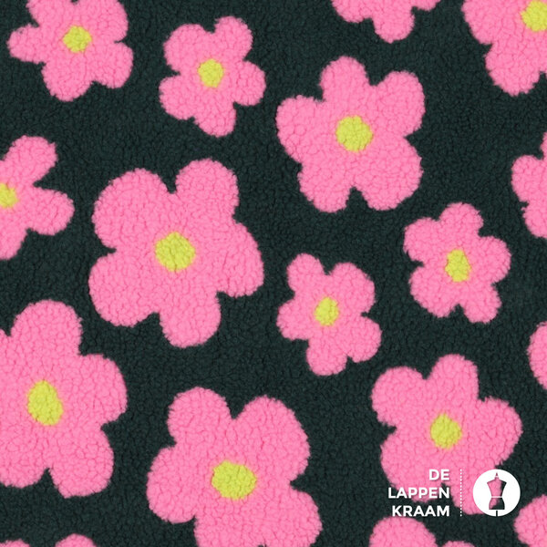 Teddy stof donkergroen met roze bloemen