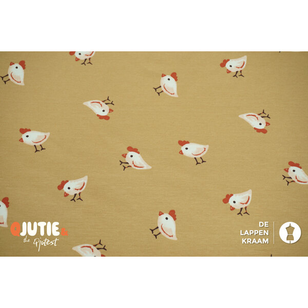 Qjutie & the Qjutest Katoenen tricot stof caramel met kippetjes