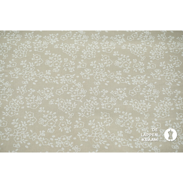 Popeline stof beige met witte bloemetjes