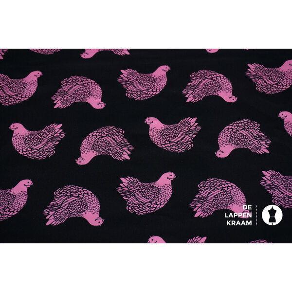 Japans quiltkatoen zwart met roze kippen