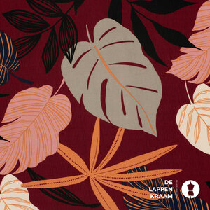  Viscose crepe met groot bloem en bladpatroon bordeaux