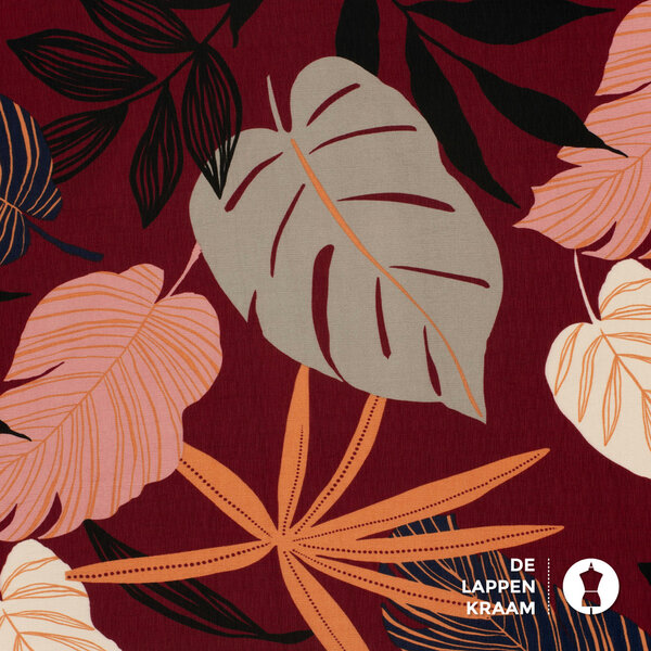 Viscose crepe stof met groot bloem en bladpatroon bordeaux