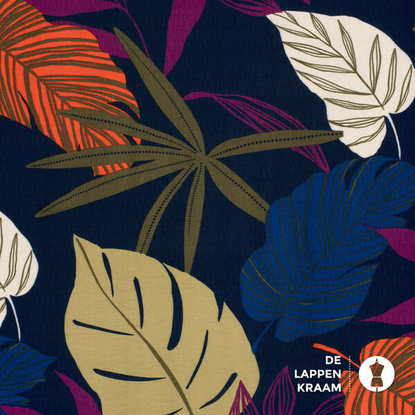 Viscose crepe stof met groot bloem en bladpatroon donkerblauw