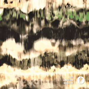  Satijn met abstract patroon in olijfgroen en roomwit