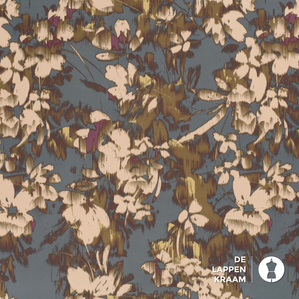 Satijn stof met matglans in blurred flowers in jeansblauw