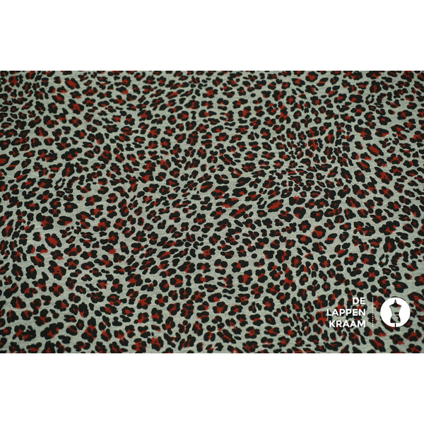 Coupon 409 French terry grijs met rood/zwart leopard printje 180 x 150