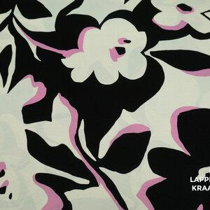  Dikke satijn abstracte zwart witte bloemenprint met roze details