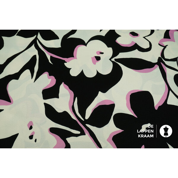 Dikke satijn abstracte zwart witte bloemenprint met roze details