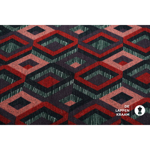 Veiling 2 september Coupon 353 Angora tricot met ruitjes in paars, roze en rood 170 x 160 cm