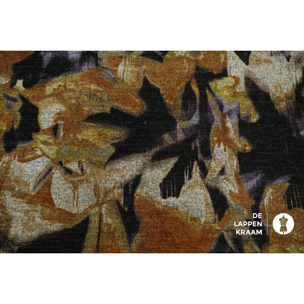 Coupon 447 Angora tricot met gevlekt dessin in geel, paars en grijs 170 x 160 cm