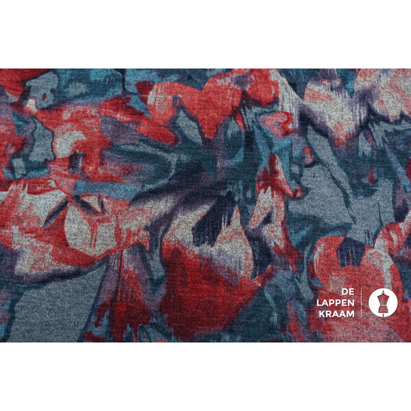 Veiling 2 september Coupon 454 Angora tricot met gevlekt dessin in roze, blauw en grijs 1709 x 160 cm