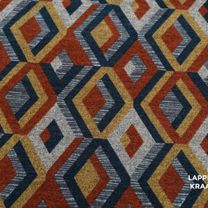 Veiling 2 september Coupon 459 Angora tricot met ruitjes in brique, geel en grijs 170 x 160 cm